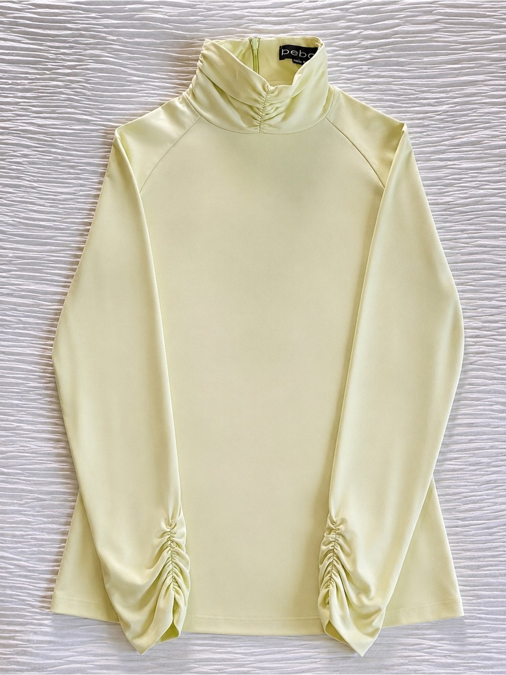 bebe Pale Green Ruched Sleeve Mock Neck Top
